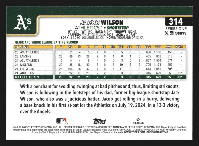2025 Topps Series One #314 Jacob Wilson Athletics RC - Baseball Card Single