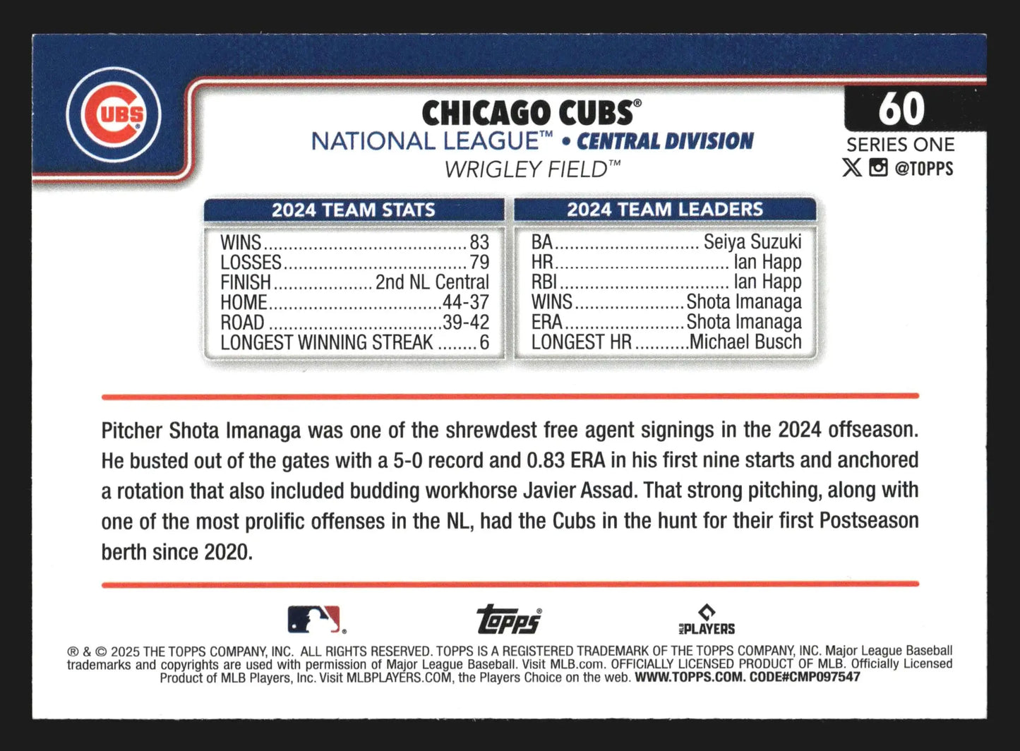 2025 Topps Series One #60 Chicago Cubs Team Card - Baseball Card Single