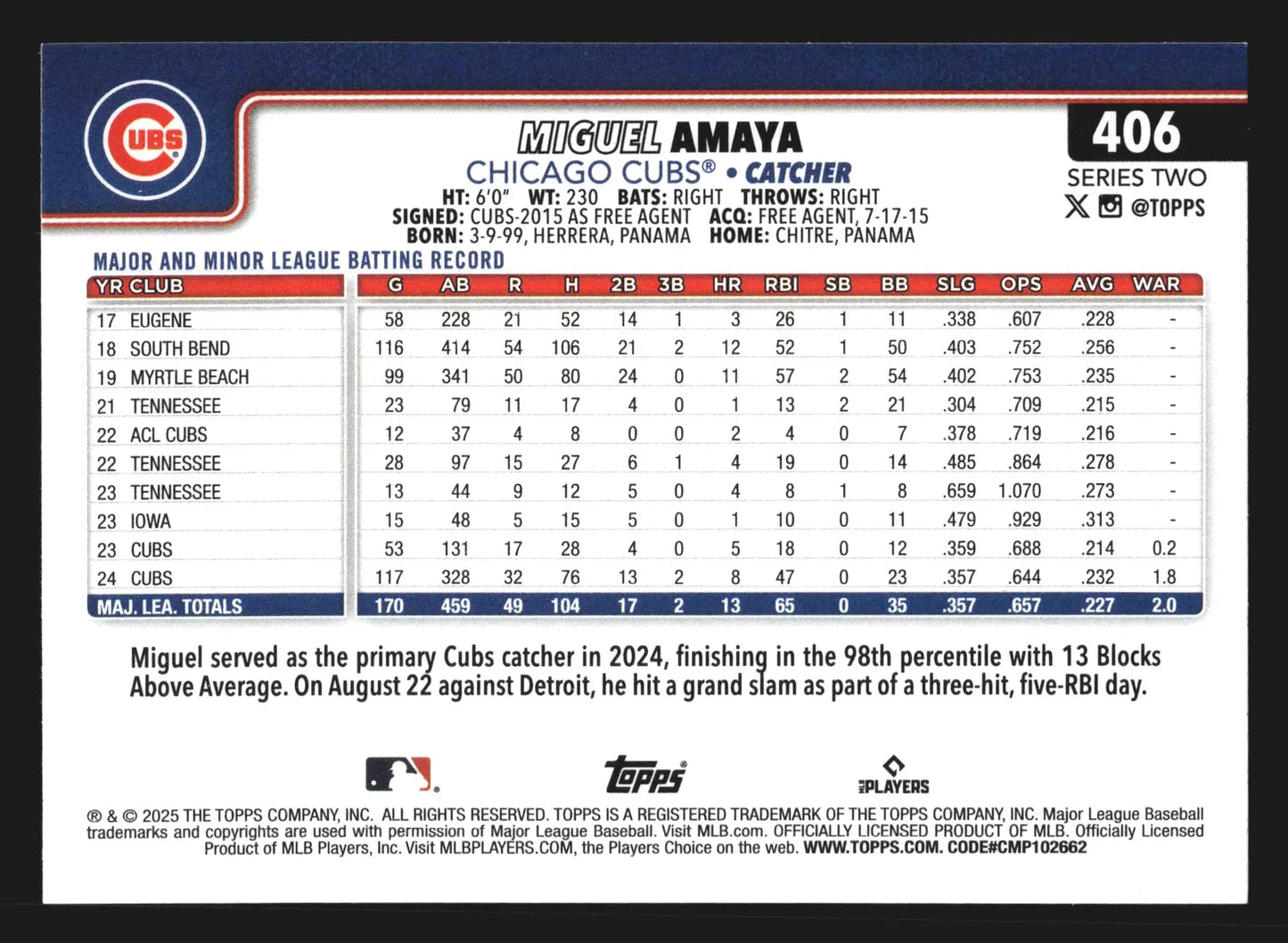 2025 Topps Series Two #406 Miguel Amaya Chicago Cubs - Baseball Card Single