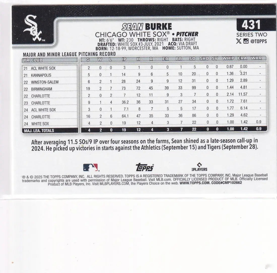2025 TOPPS SERIES TWO #431 SEAN BURKE- CHICAGO WHITE SOX - Baseball Card Single