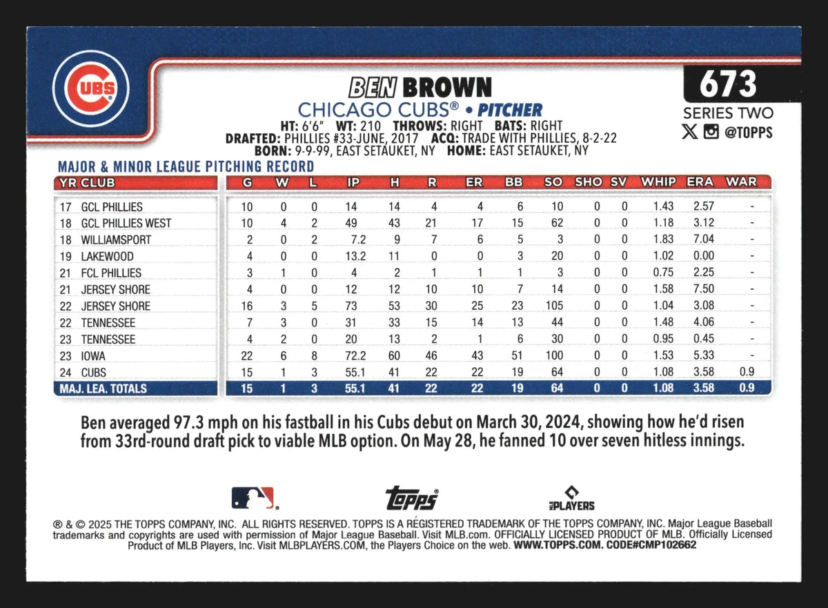 2025 Topps Series Two #673 Ben Brown Future Stars Chicago Cubs - Baseball Card Single