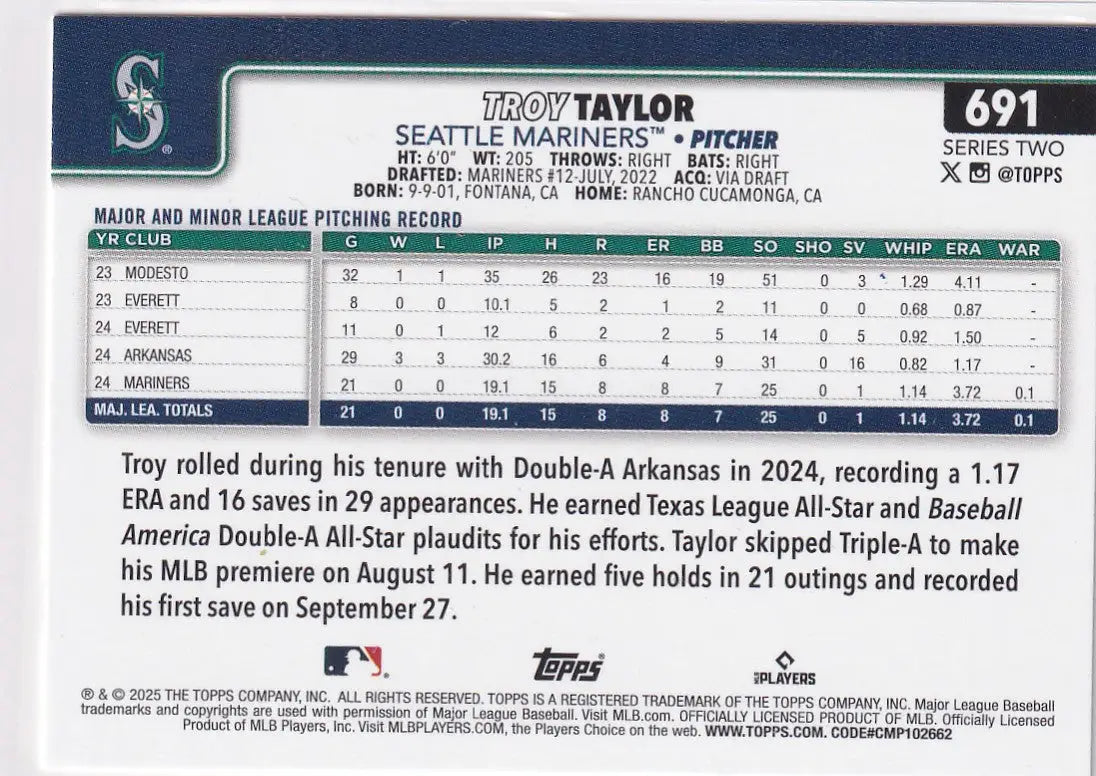 2025 TOPPS SERIES TWO #691 TROY TAYLOR- SEATTLE MARINERS - Baseball Card Single