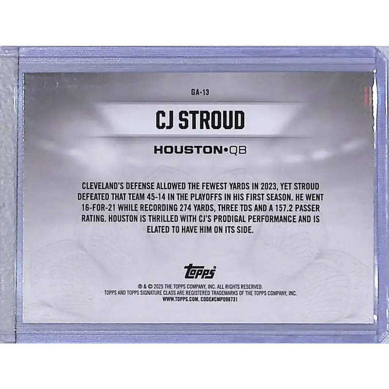 2025 Topps Signature Class Gridiron Ambassadors #GA-13 CJ Stroud NM-MT Houston Texans - Football Card Single