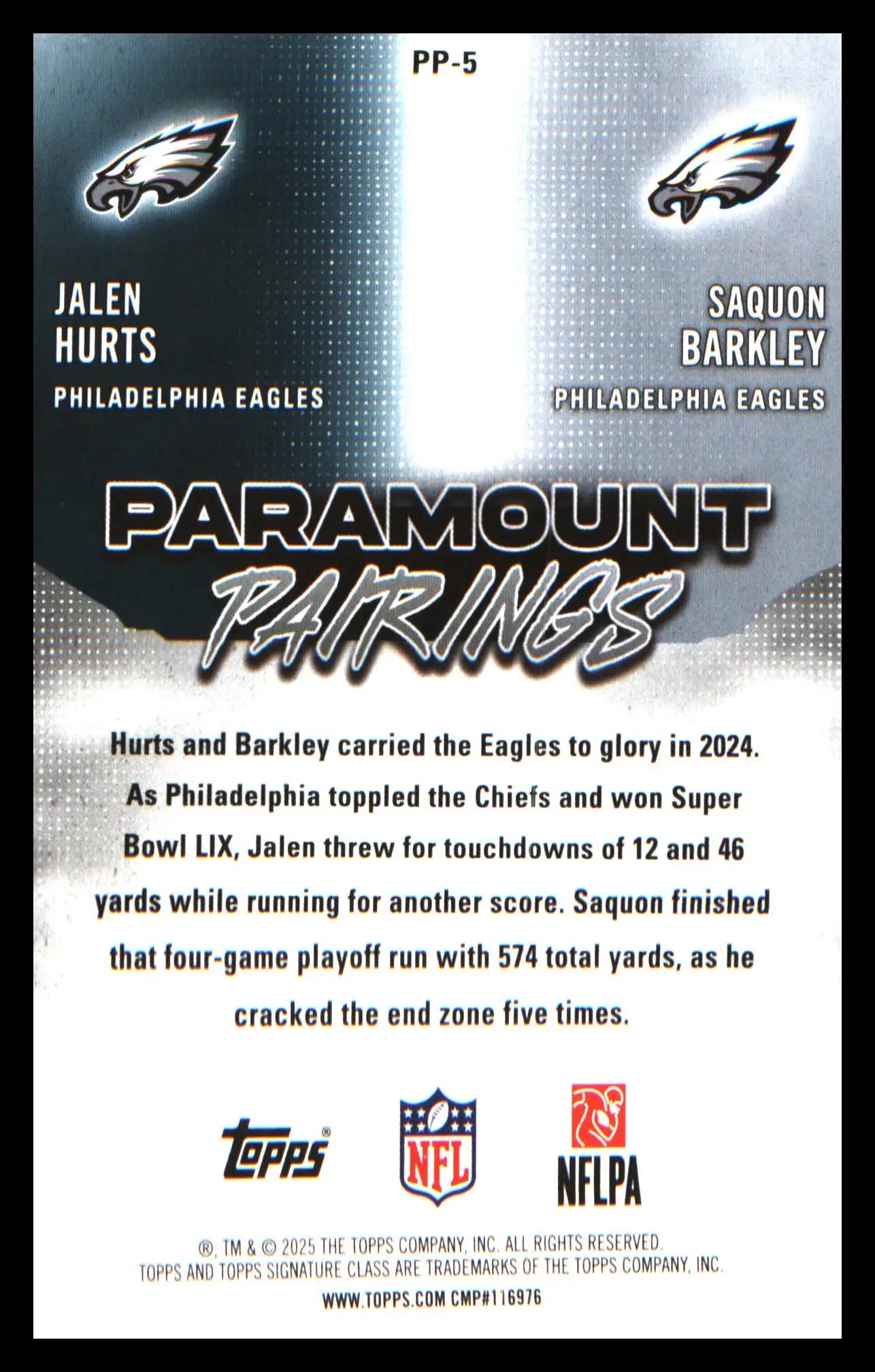 2025 Topps Signature Class Paramount Pairings #PP-5 Saquon Barkley / Jalen Hurts - Football Card Single