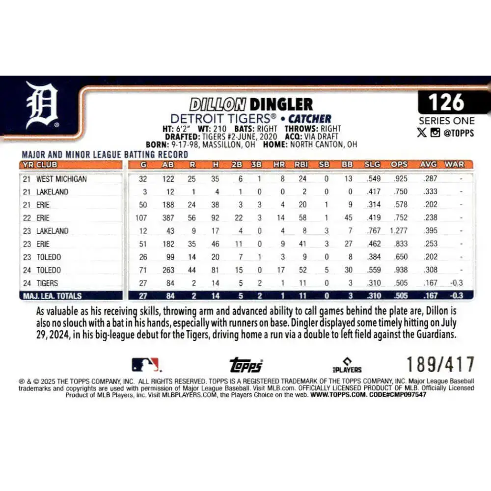 2025 Topps Silver Cracked Foilboard #126 Dillon Dingler NM-MT RC Rookie Detroit Tigers Baseball Card - Baseball Card