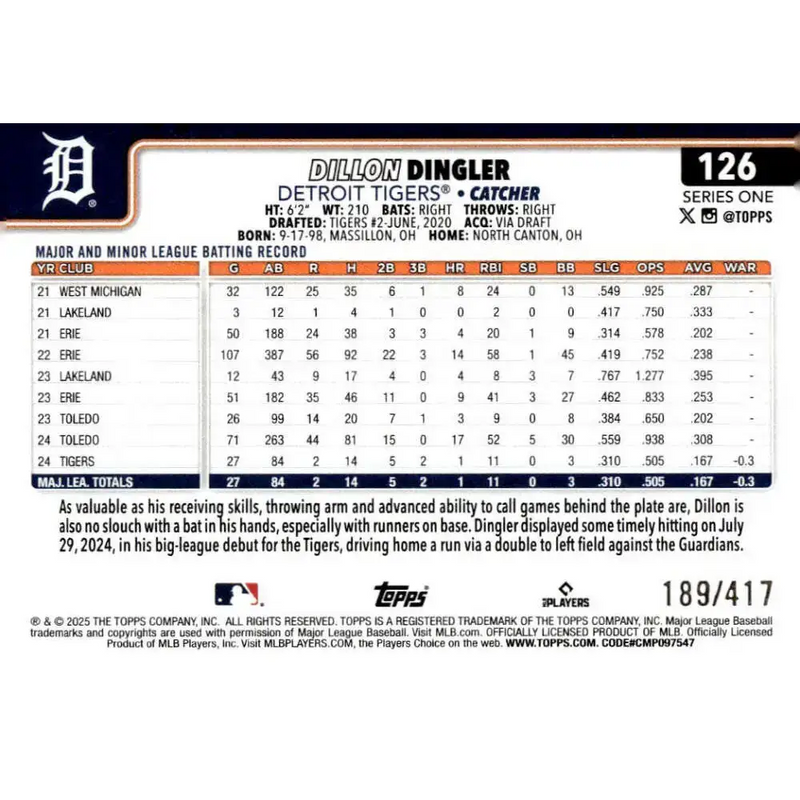 2025 Topps Silver Cracked Foilboard #126 Dillon Dingler NM-MT RC Rookie Detroit Tigers Baseball Card - Baseball Card