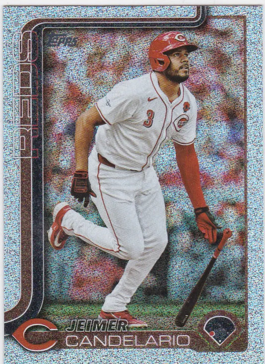 Baseball trading card of Jeimer Candelario Cincinnati Reds from 2025 Topps Silver Sandglitter