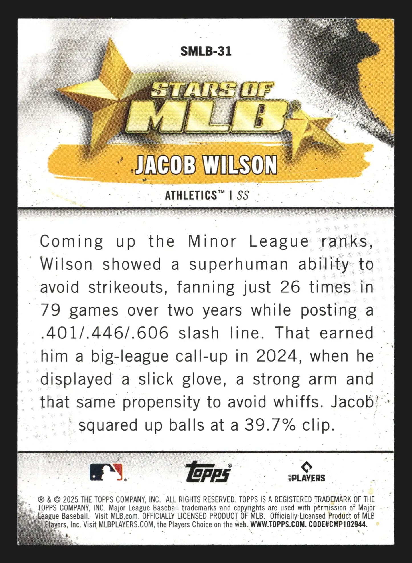 2025 Topps #SMLB-31 Jacob Wilson Athletics RC - Baseball Card Single