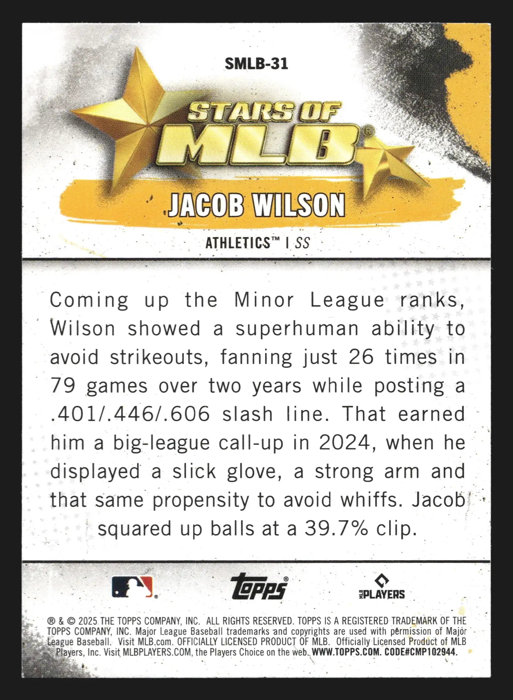 2025 Topps #SMLB-31 Jacob Wilson Athletics RC - Baseball Card Single