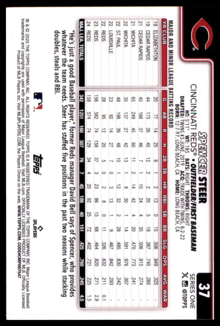 2025 Topps Spencer Steer 37 Cincinnati Reds NM - Baseball Card Single