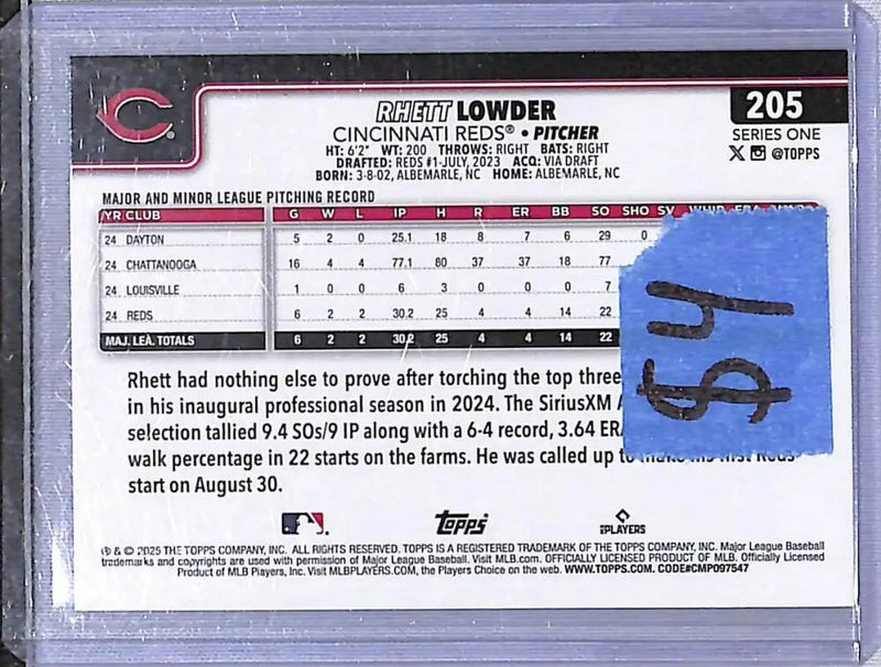 2025 Topps Spring Training #205 Rhett Lowder NM-MT RC Rookie Cincinnati Reds