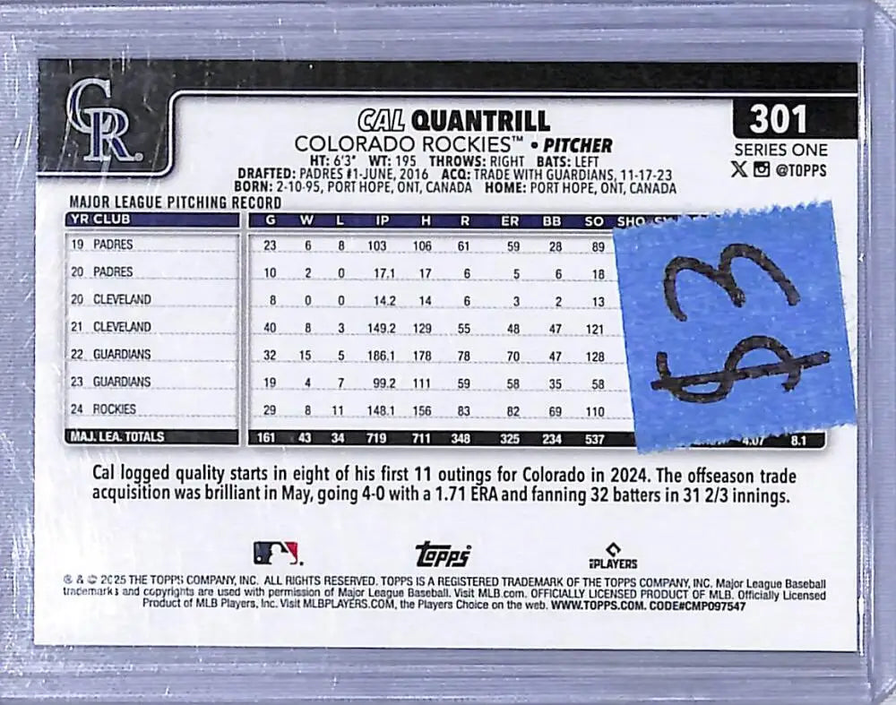 2025 Topps Spring Training #301 Cal Quantrill NM-MT Colorado Rockies - Baseball Card Single