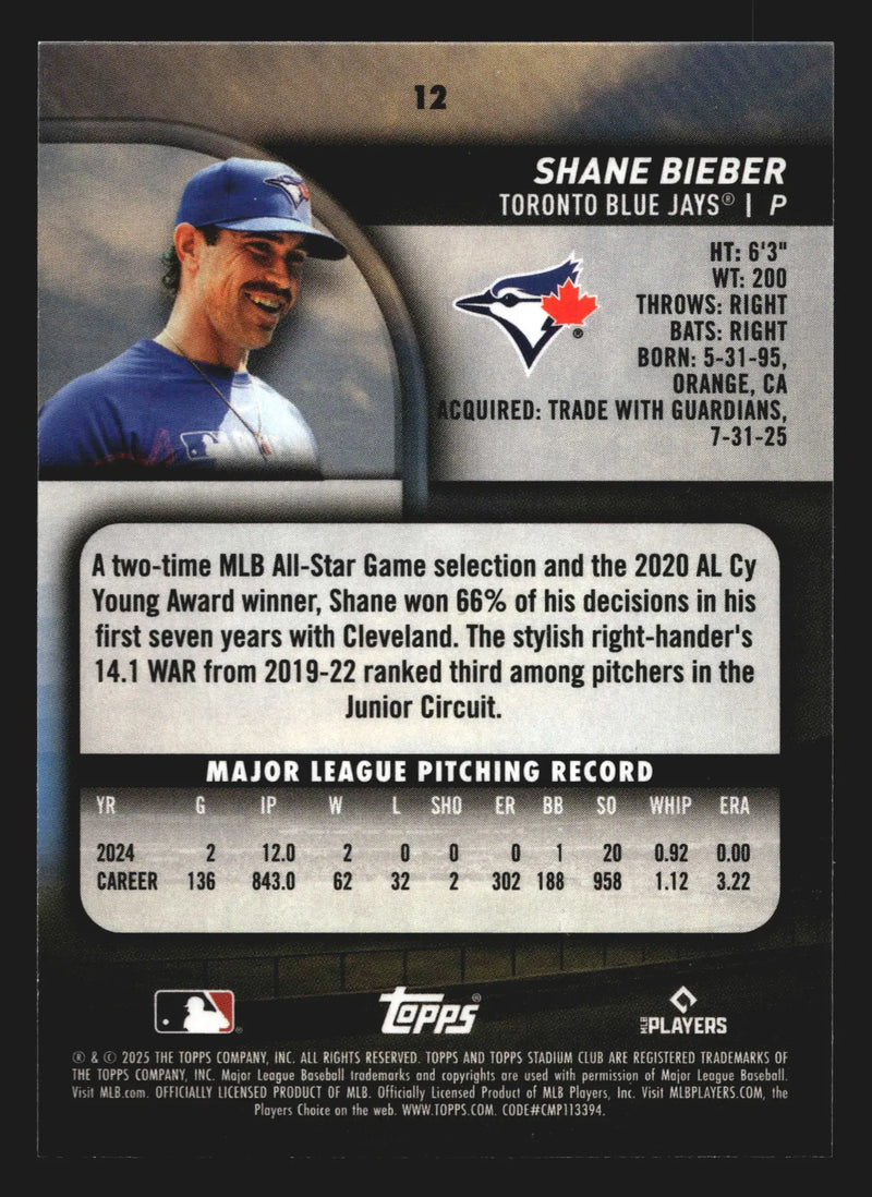 2025 Topps Stadium Club #12 Shane Bieber Toronto Blue Jays