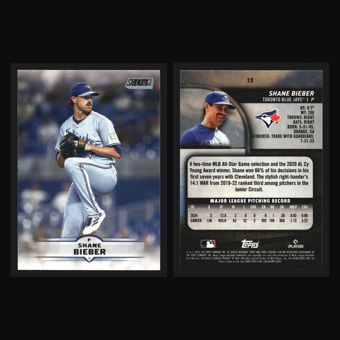 2025 Topps Stadium Club #12 Shane Bieber Toronto Blue Jays