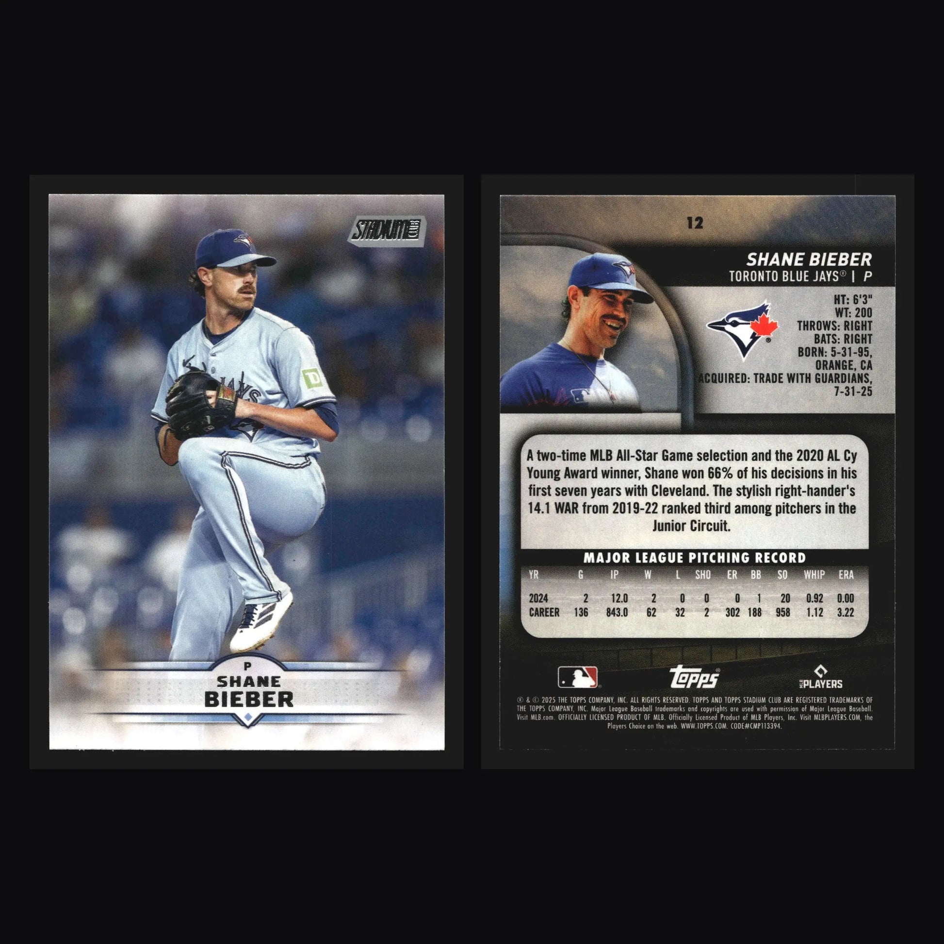 2025 Topps Stadium Club #12 Shane Bieber Toronto Blue Jays