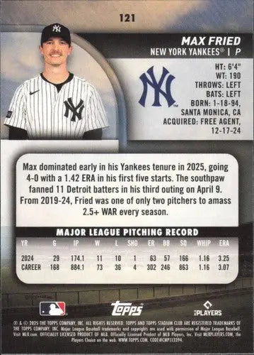 2025 Topps Stadium Club #121 Max Fried NM Near Mint Yankees ID:82671 - Baseball Card Single