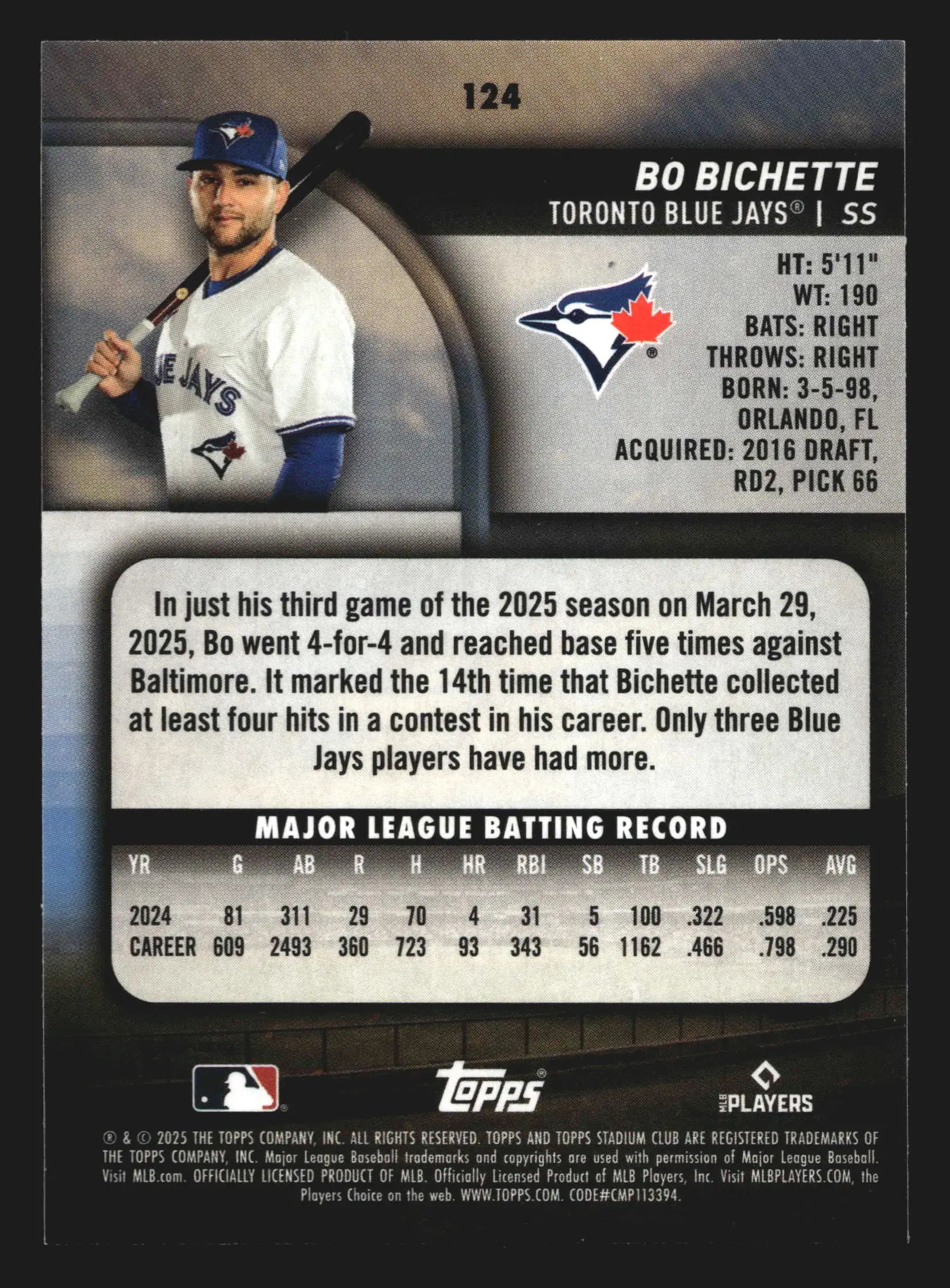 2025 Topps Stadium Club #124 Bo Bichette Red Foil Toronto Blue Jays - Baseball Card Single