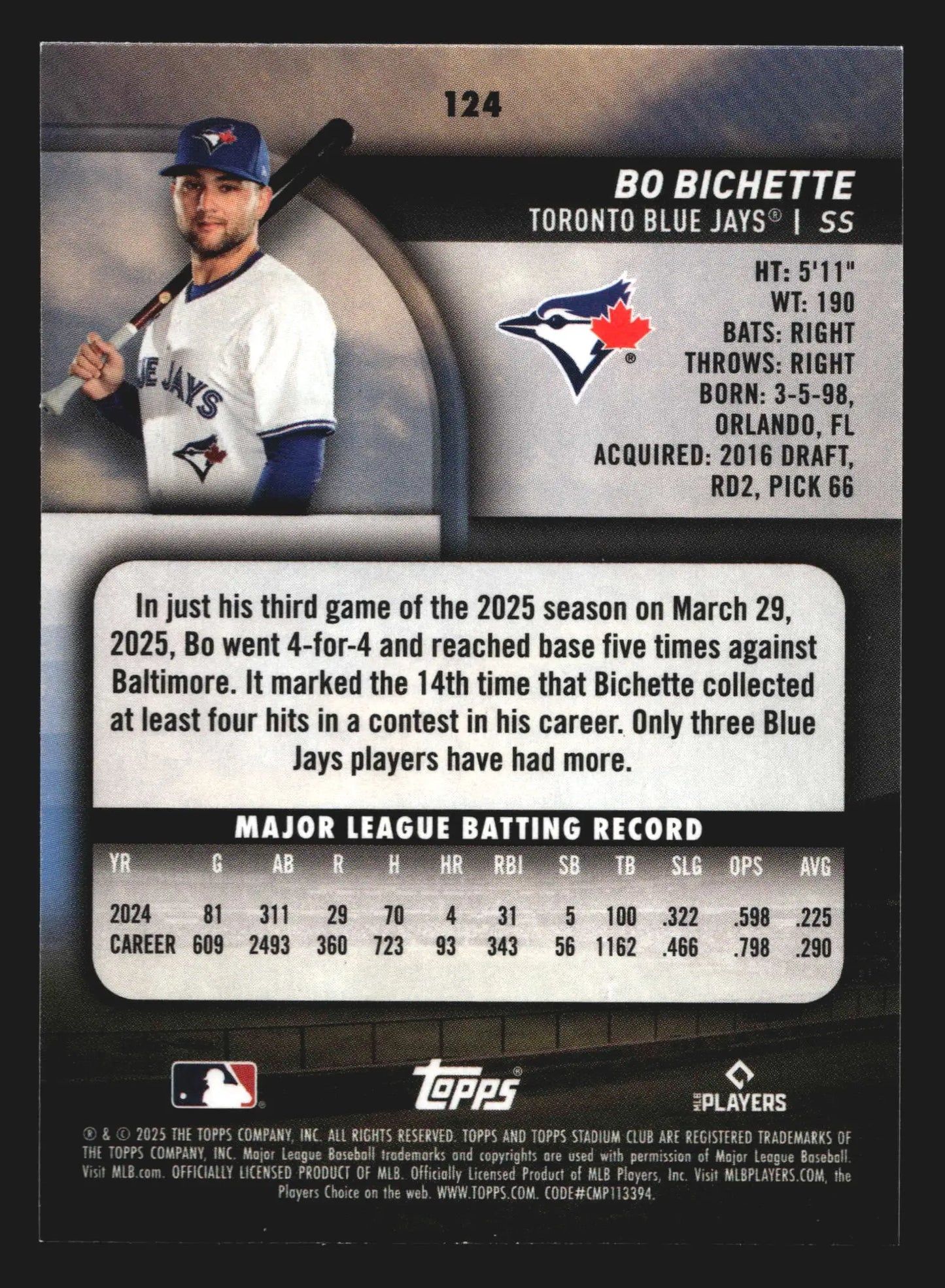 2025 Topps Stadium Club #124 Bo Bichette Toronto Blue Jays - Baseball Card Single
