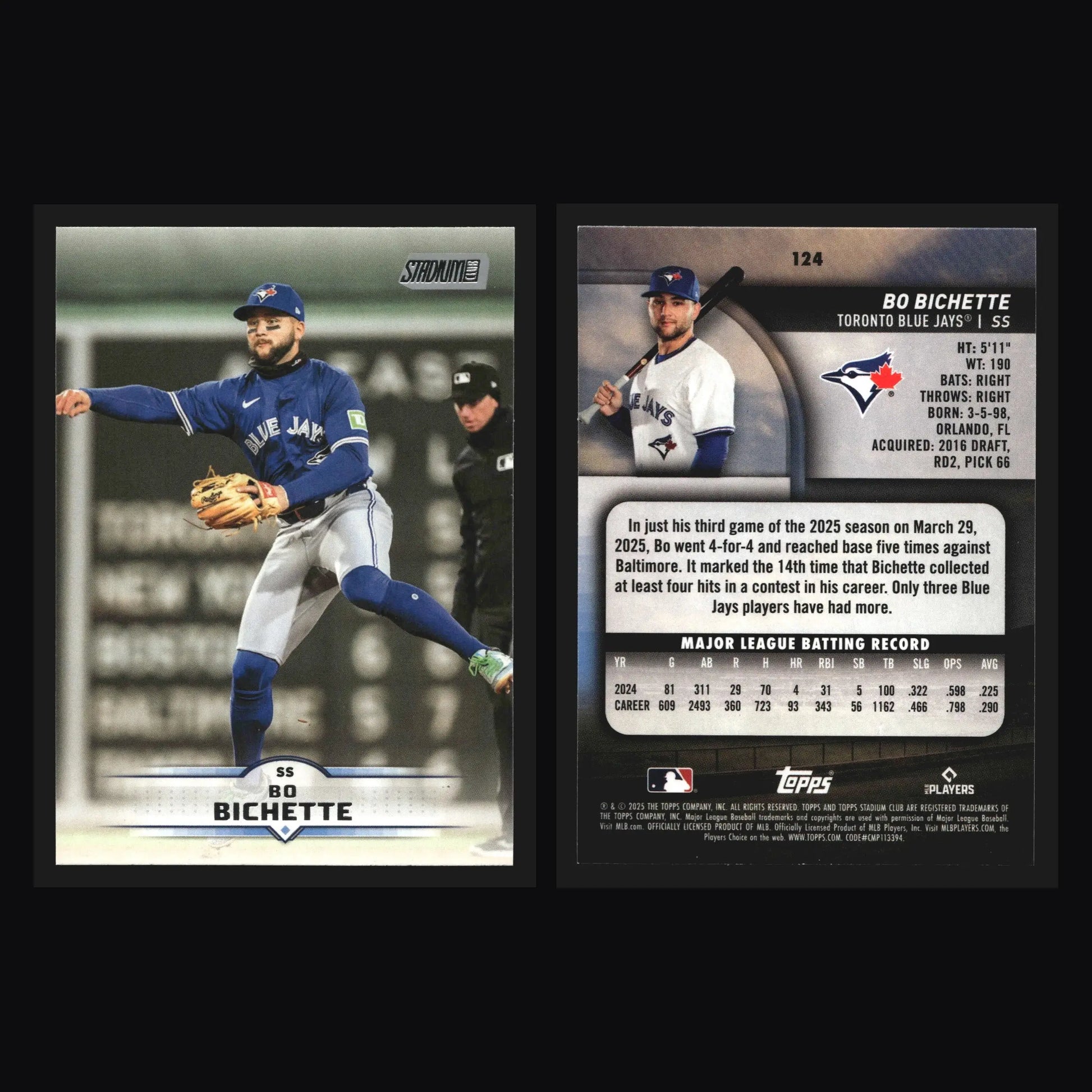 2025 Topps Stadium Club #124 Bo Bichette Toronto Blue Jays - Baseball Card Single