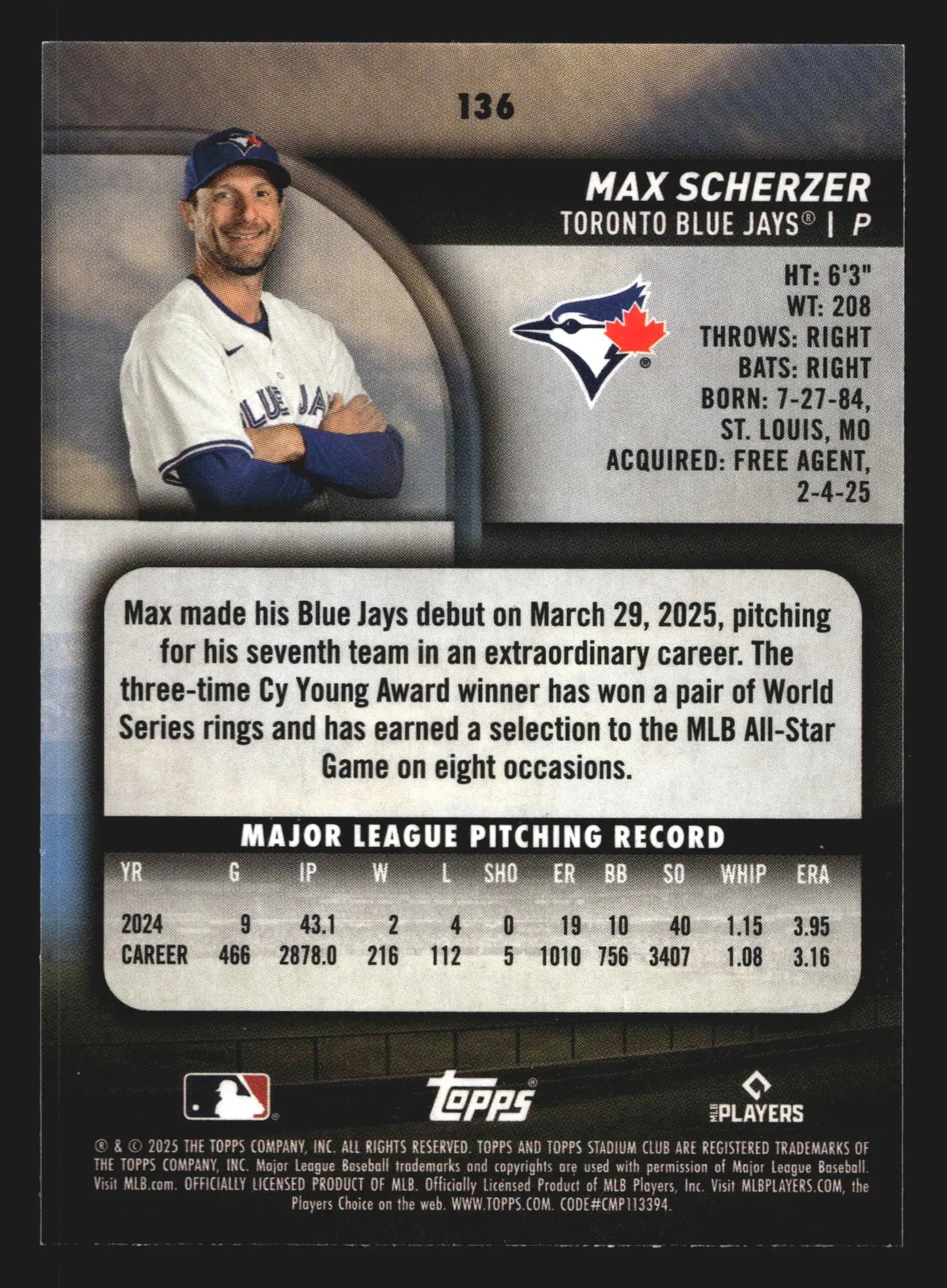 2025 Topps Stadium Club #136 Max Scherzer Red Foil Toronto Blue Jays