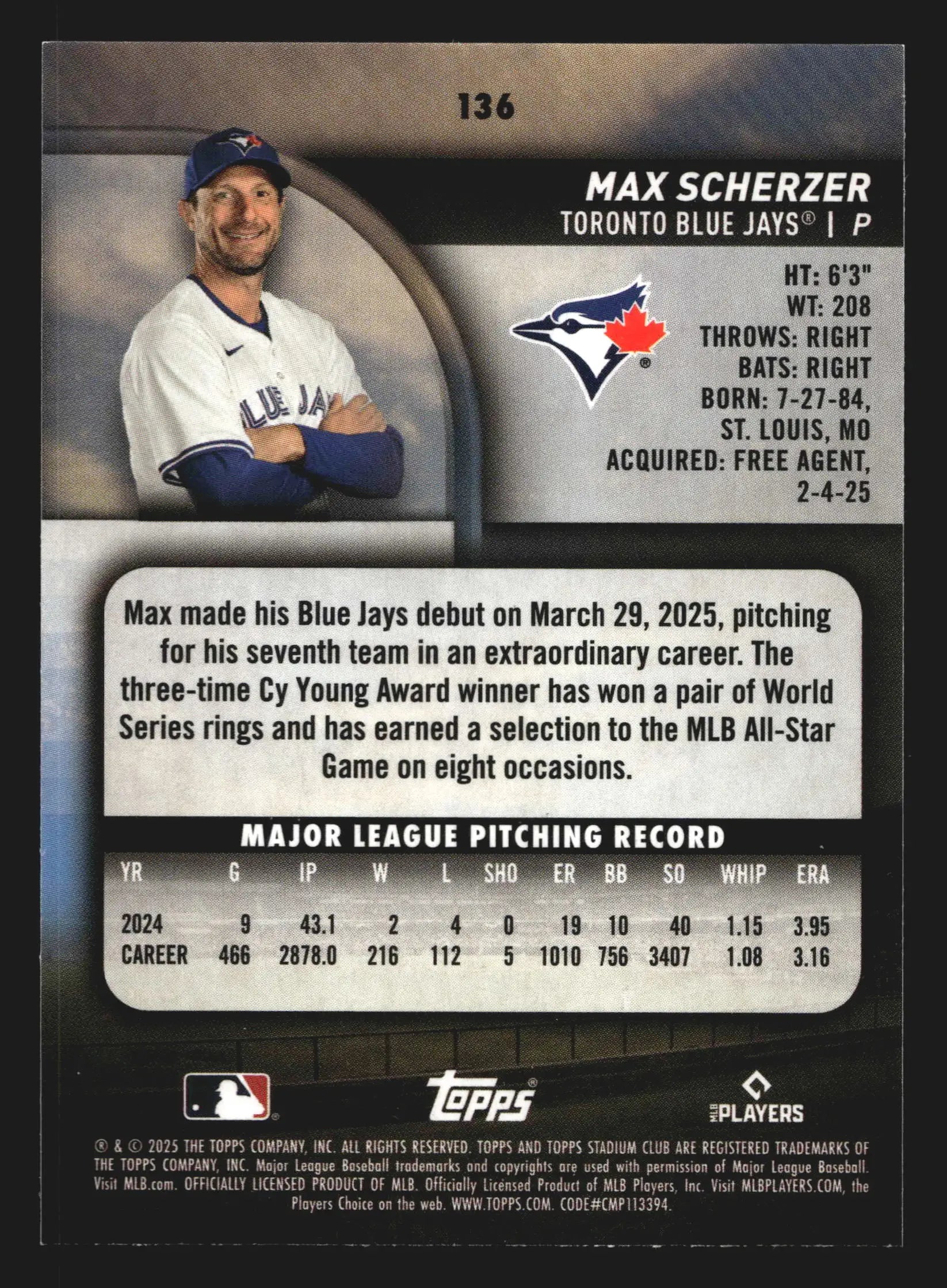 2025 Topps Stadium Club #136 Max Scherzer Red Foil Toronto Blue Jays