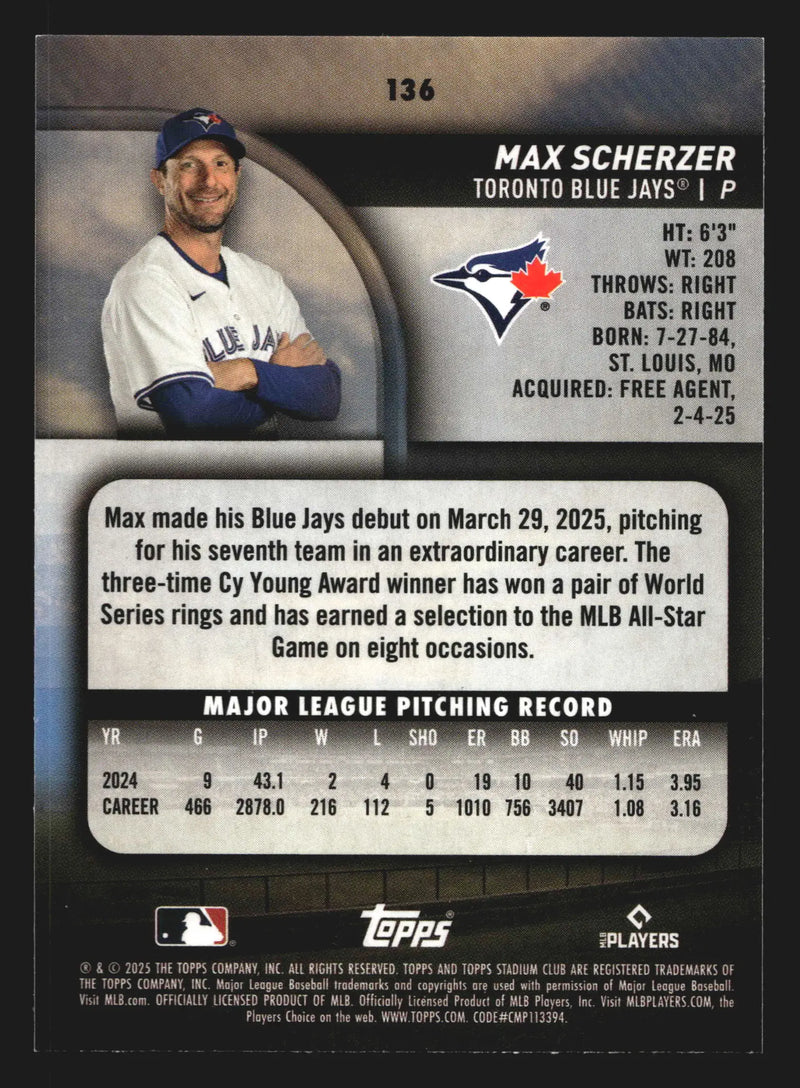 2025 Topps Stadium Club #136 Max Scherzer Red Foil Toronto Blue Jays