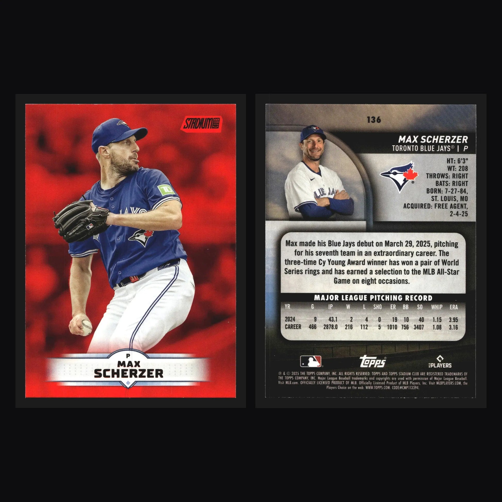 2025 Topps Stadium Club #136 Max Scherzer Red Foil Toronto Blue Jays