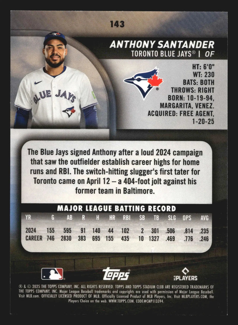 2025 Topps Stadium Club #143 Anthony Santander Toronto Blue Jays