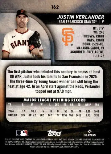 2025 Topps Stadium Club #162 Justin Verlander NM Near Mint Giants ID:82675 - Baseball Card Single
