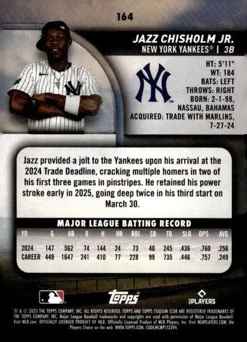 2025 Topps Stadium Club #164 Jazz Chisholm Jr. NM Near Mint Yankees ID:82676 - Baseball Card Single