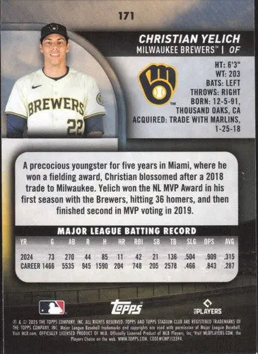 2025 Topps Stadium Club #171 Christian Yelich NM Near Mint Brewers ID:82678 - Baseball Card Single