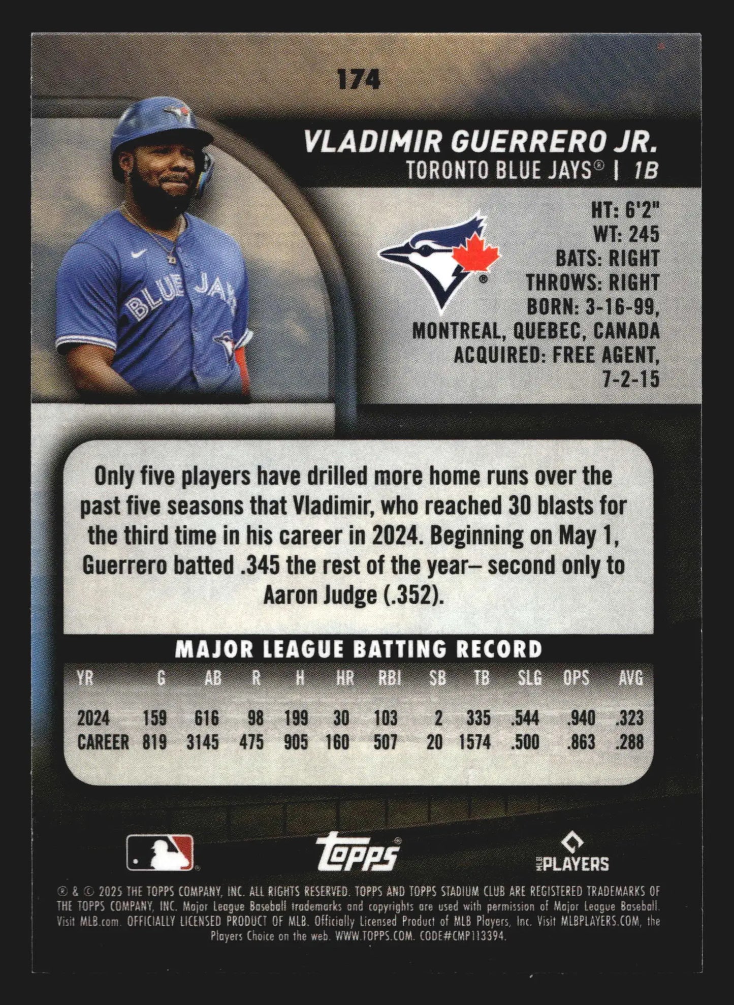 2025 Topps Stadium Club #174 Vladimir Guerrero Jr Blue Jays