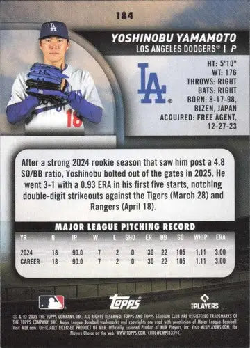 2025 Topps Stadium Club #184 Yoshinobu Yamamoto NM Near Mint Dodgers ID:82679 - Baseball Card Single