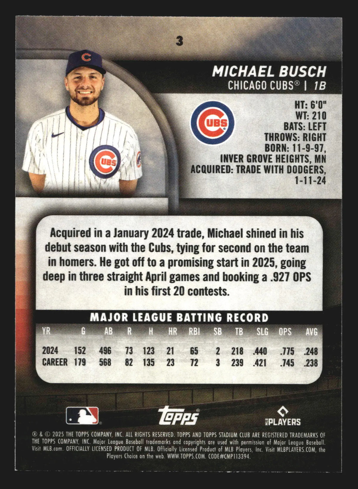 2025 Topps Stadium Club #3 Michael Busch Chicago Cubs - Baseball Card Single