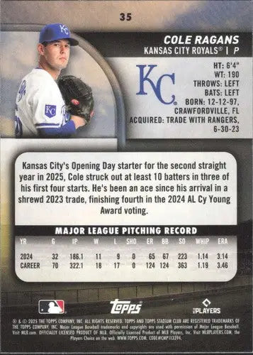 2025 Topps Stadium Club #35 Cole Ragans NM Near Mint Royals ID:82651 - Baseball Card Single