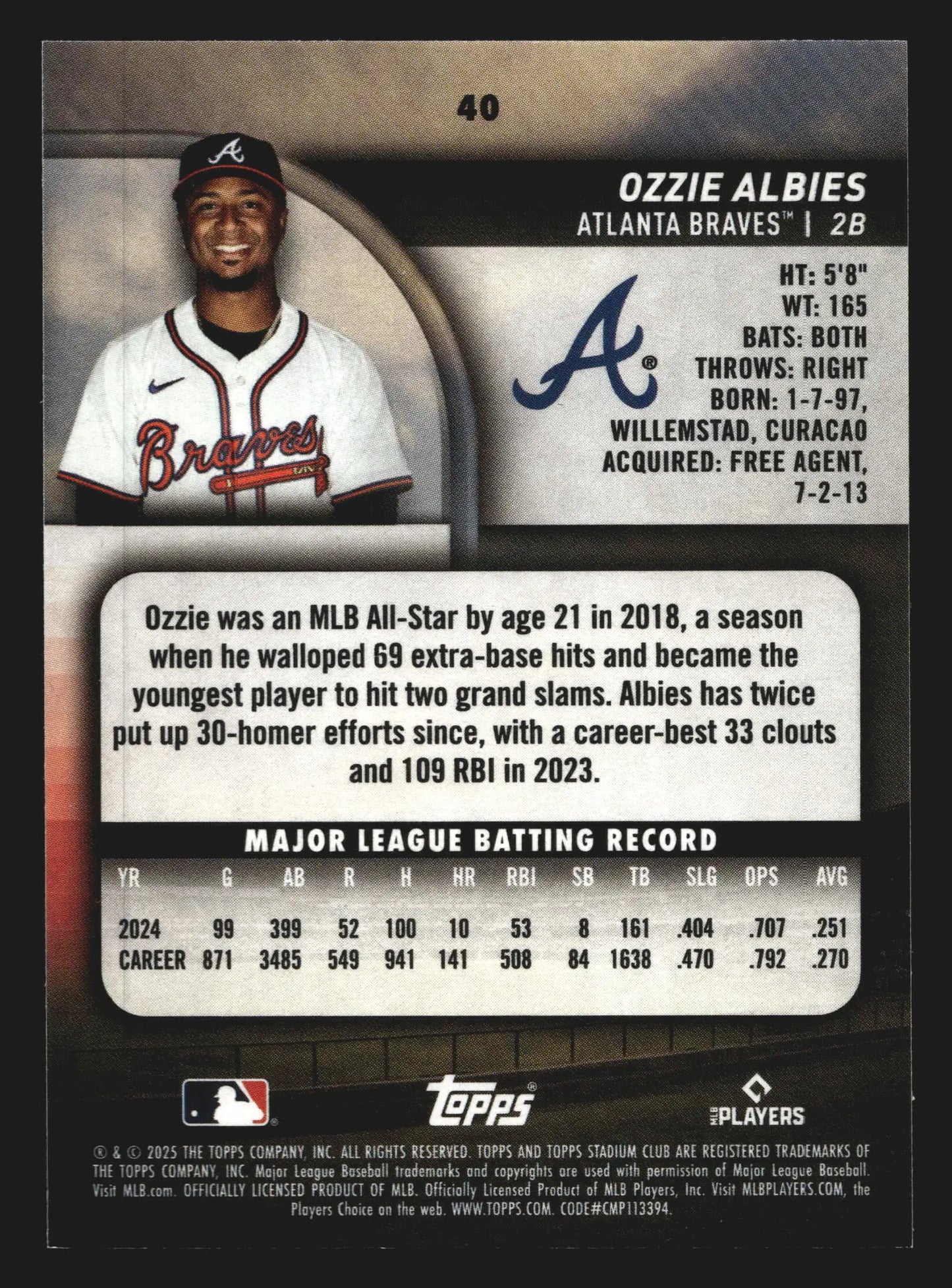 2025 Topps Stadium Club #40 Ozzie Albies Atlanta Braves