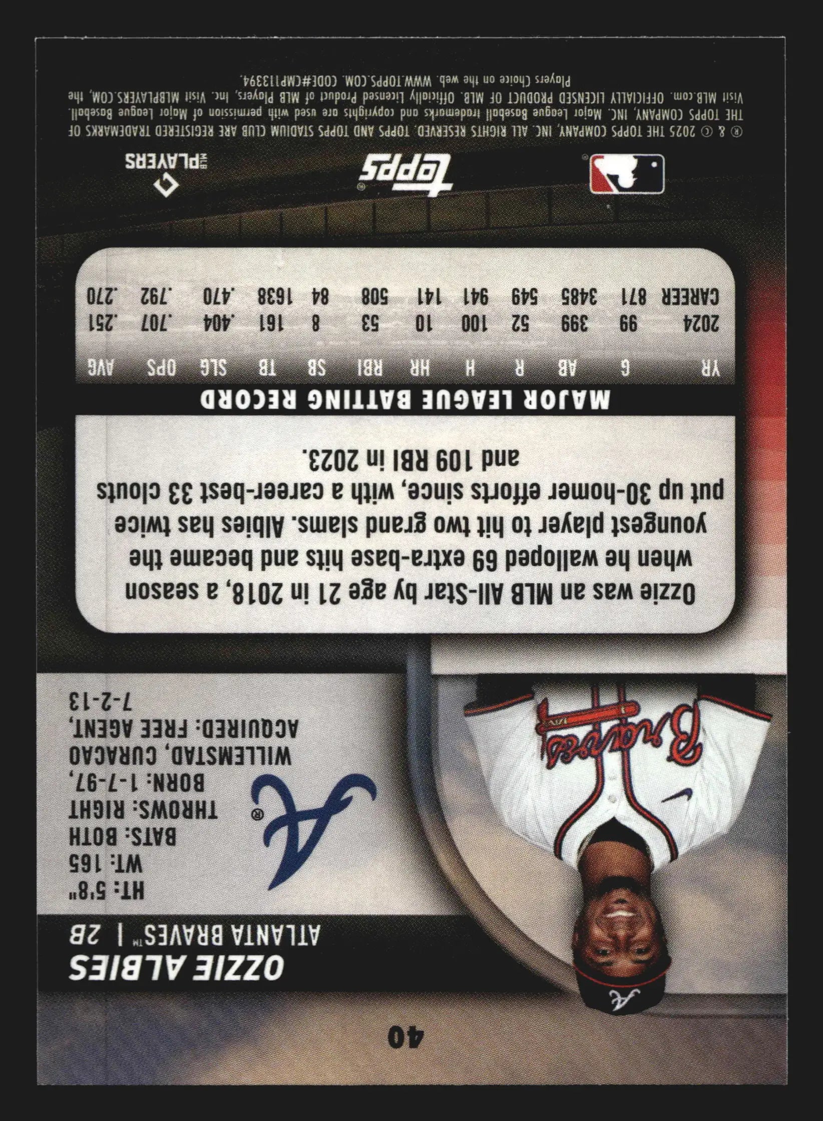 2025 Topps Stadium Club #40 Ozzie Albies Red Foil Parallel Atlanta Braves