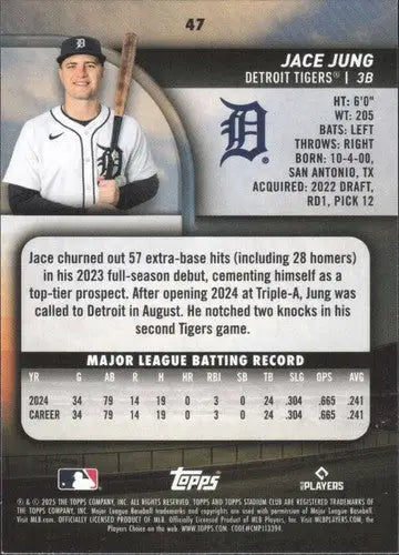 2025 Topps Stadium Club #47 Jace Jung NM Near Mint RC Rookie Tigers ID:82656 - Baseball Card Single