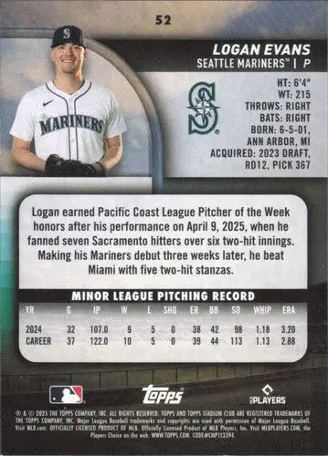 2025 Topps Stadium Club #52 Logan Evans NM-MT RC Rookie Mariners ID:81930 - Baseball Card Single