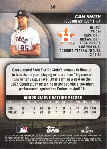 2025 Topps Stadium Club #60 Cam Smith EX/NM RC Rookie Astros ID:82658 - Baseball Card Single