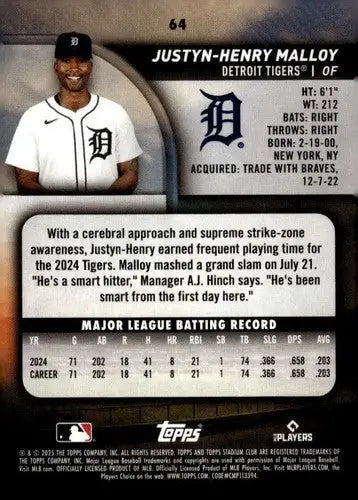 2025 Topps Stadium Club #64 Justyn-Henry Malloy NM Near Mint RC Rookie ID:82659 - Baseball Card Single