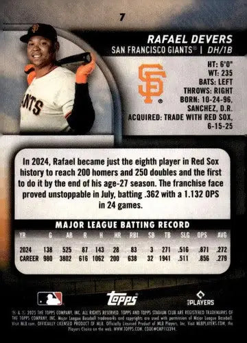 2025 Topps Stadium Club #7 Rafael Devers NM Near Mint Giants ID:82642 - Baseball Card Single