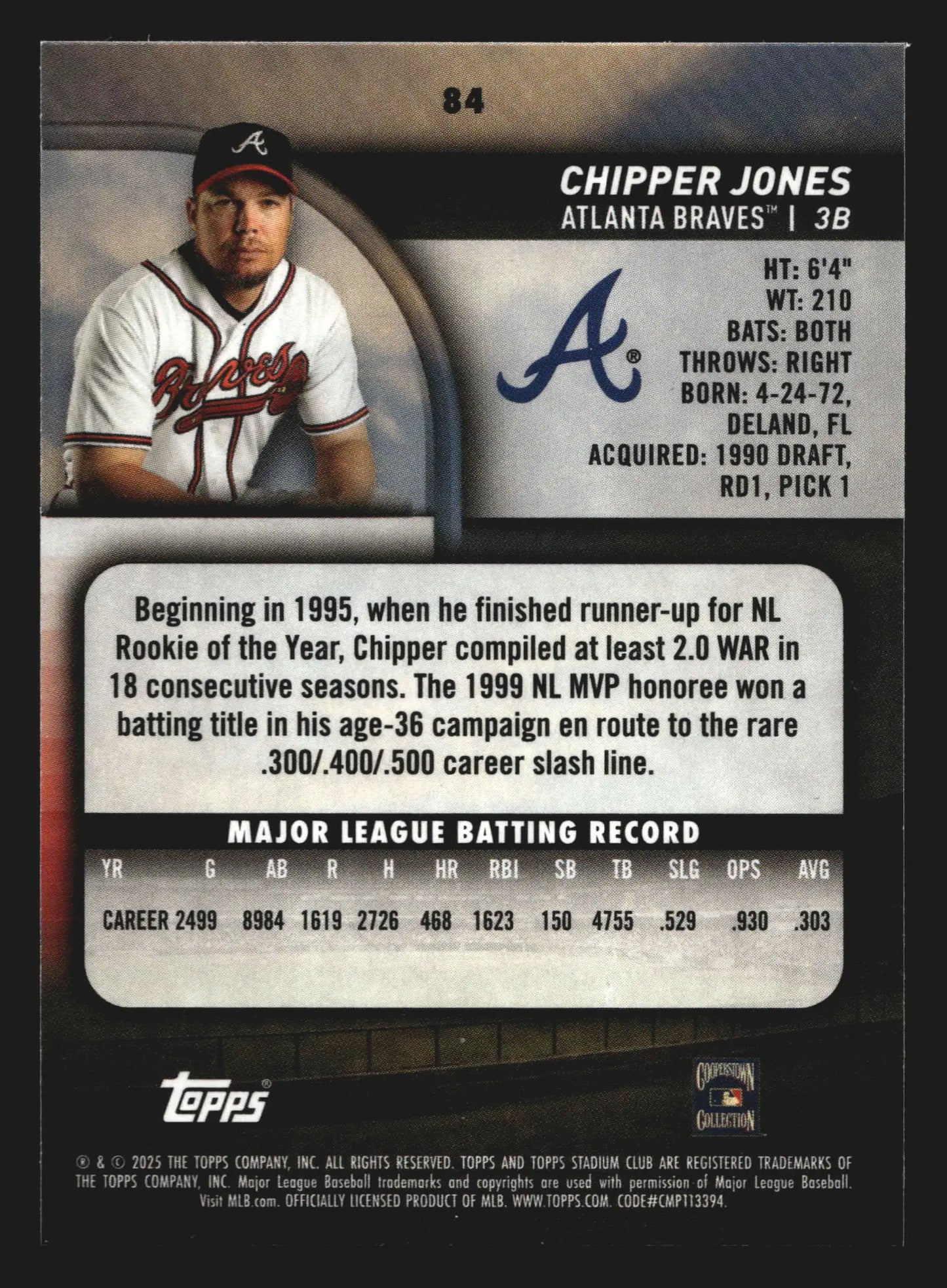 2025 Topps Stadium Club #84 Chipper Jones Braves HOF