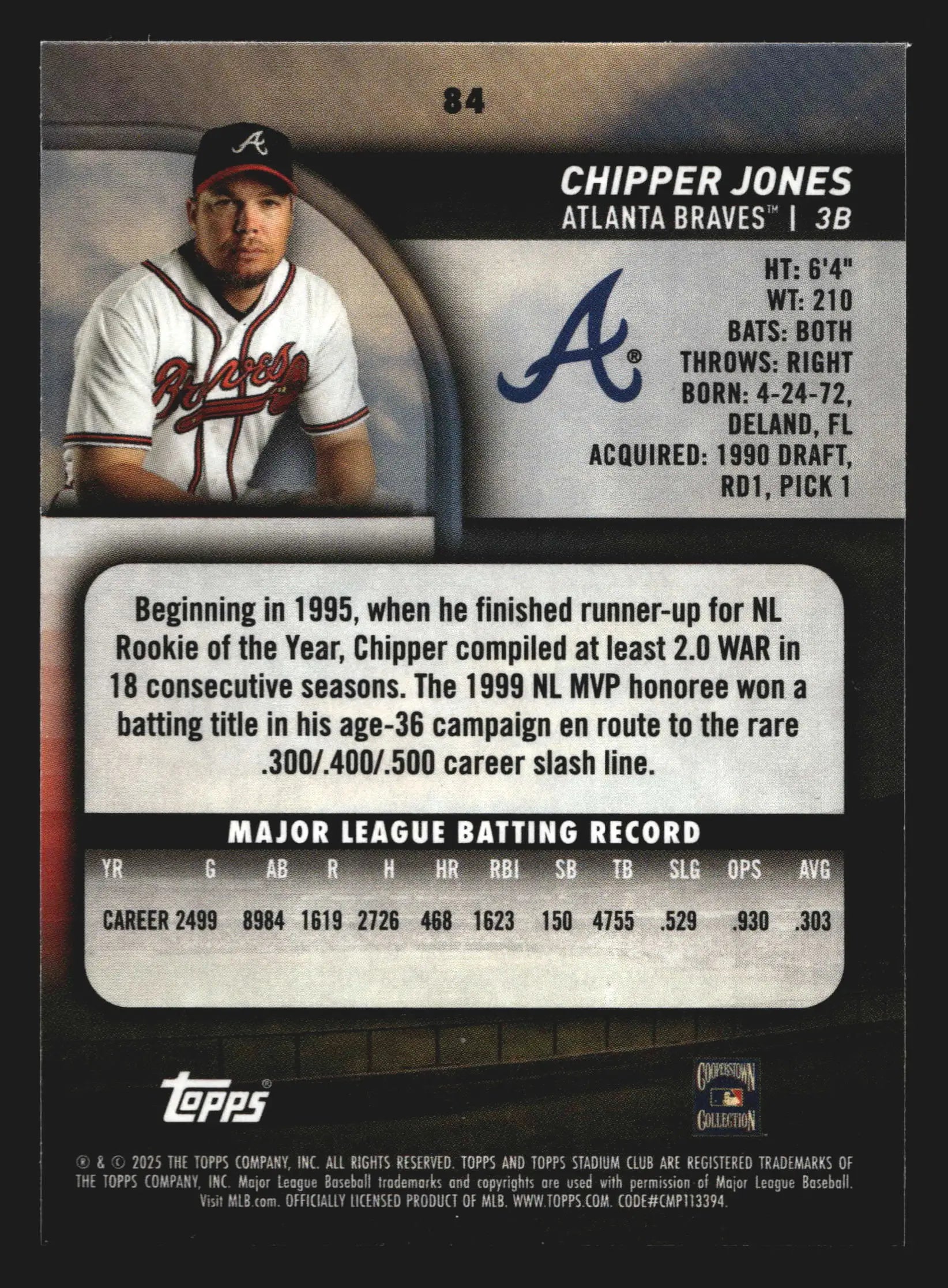 2025 Topps Stadium Club #84 Chipper Jones Braves HOF
