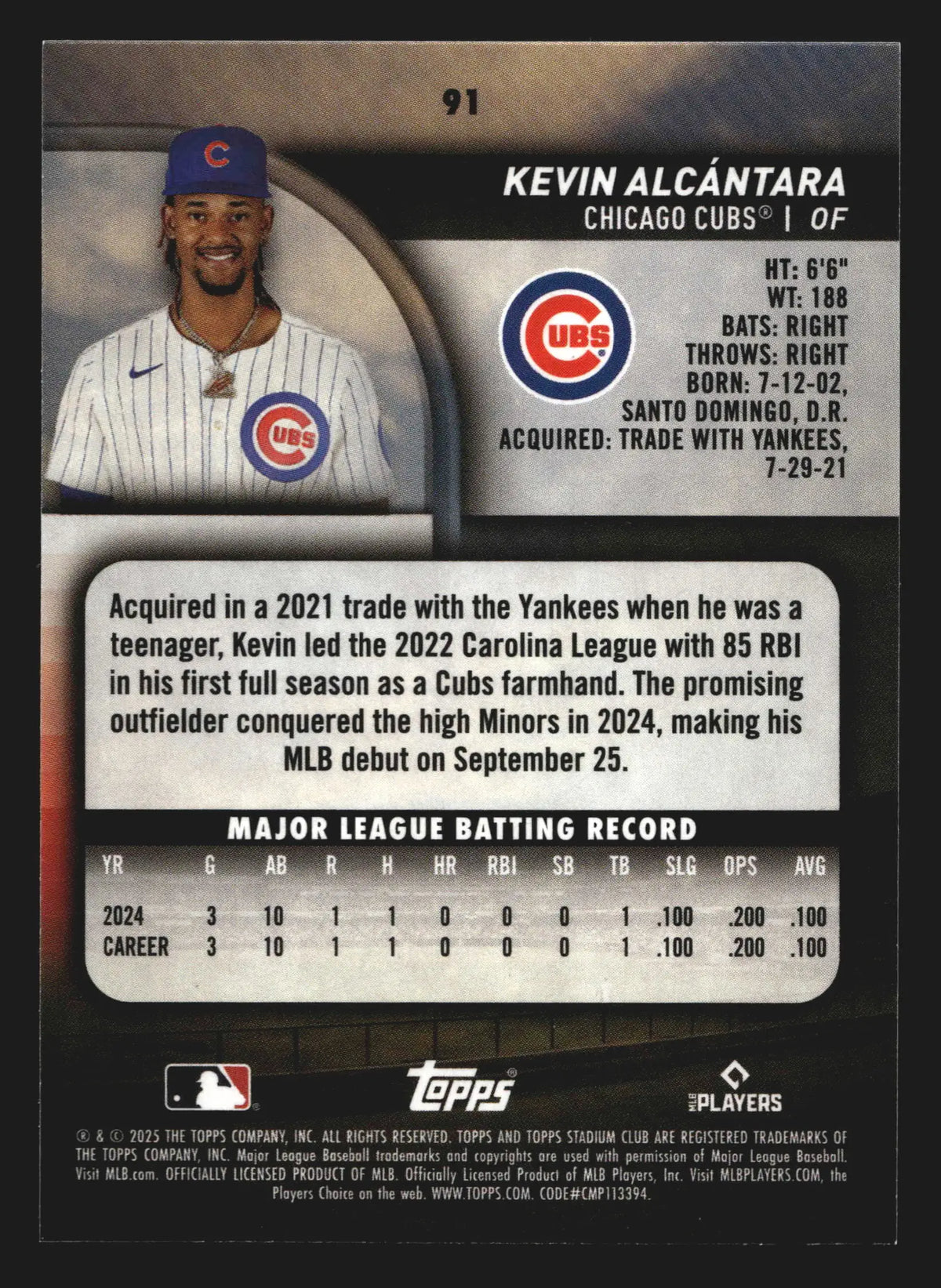 2025 Topps Stadium Club #91 Kevin Alcantara RC Chicago Cubs - Baseball Card Single