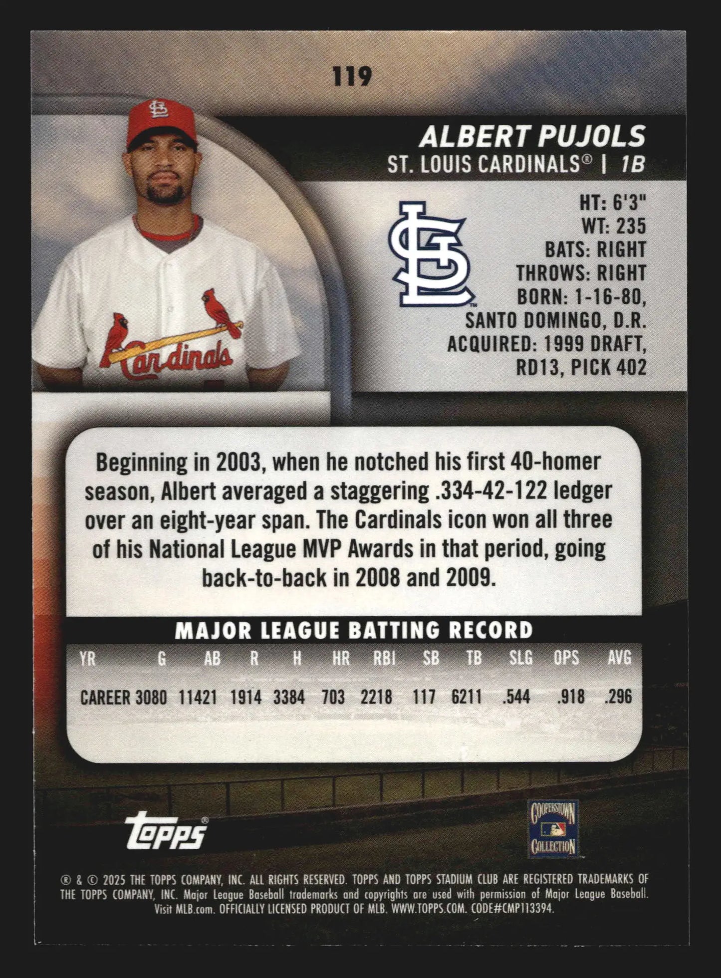 2025 Topps Stadium Club Albert Pujols #119 St. Louis Cardinals - Baseball Card Single