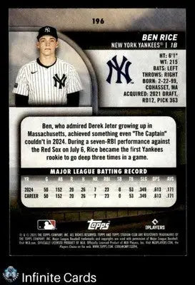 2025 Topps Stadium Club BEN RICE #196 RC [Base] New York Yankees RC