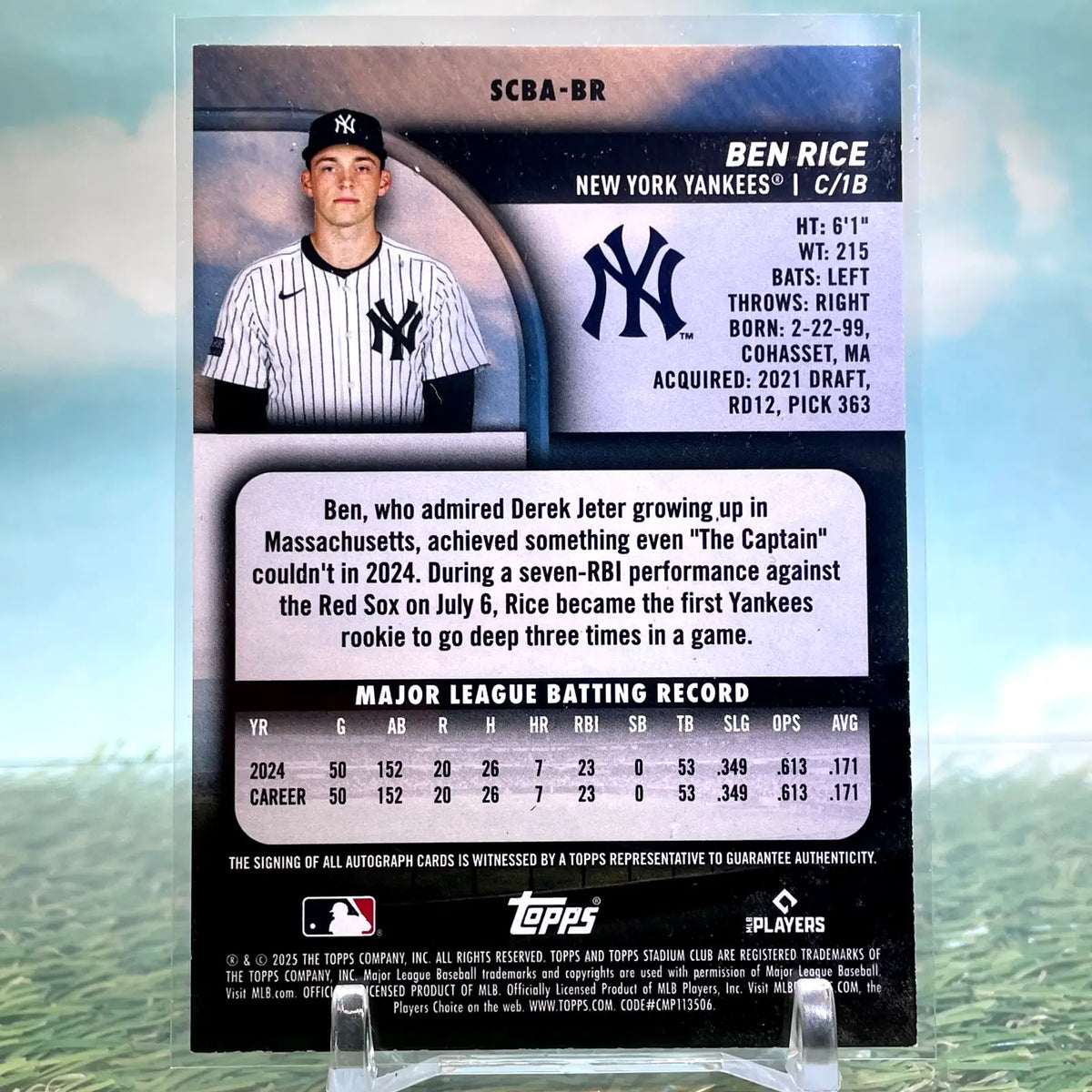 2025 Topps Stadium Club Ben Rice Rookie (RC) Auto Insert #SCBA-BR Yankees CG90 - Baseball Card Single