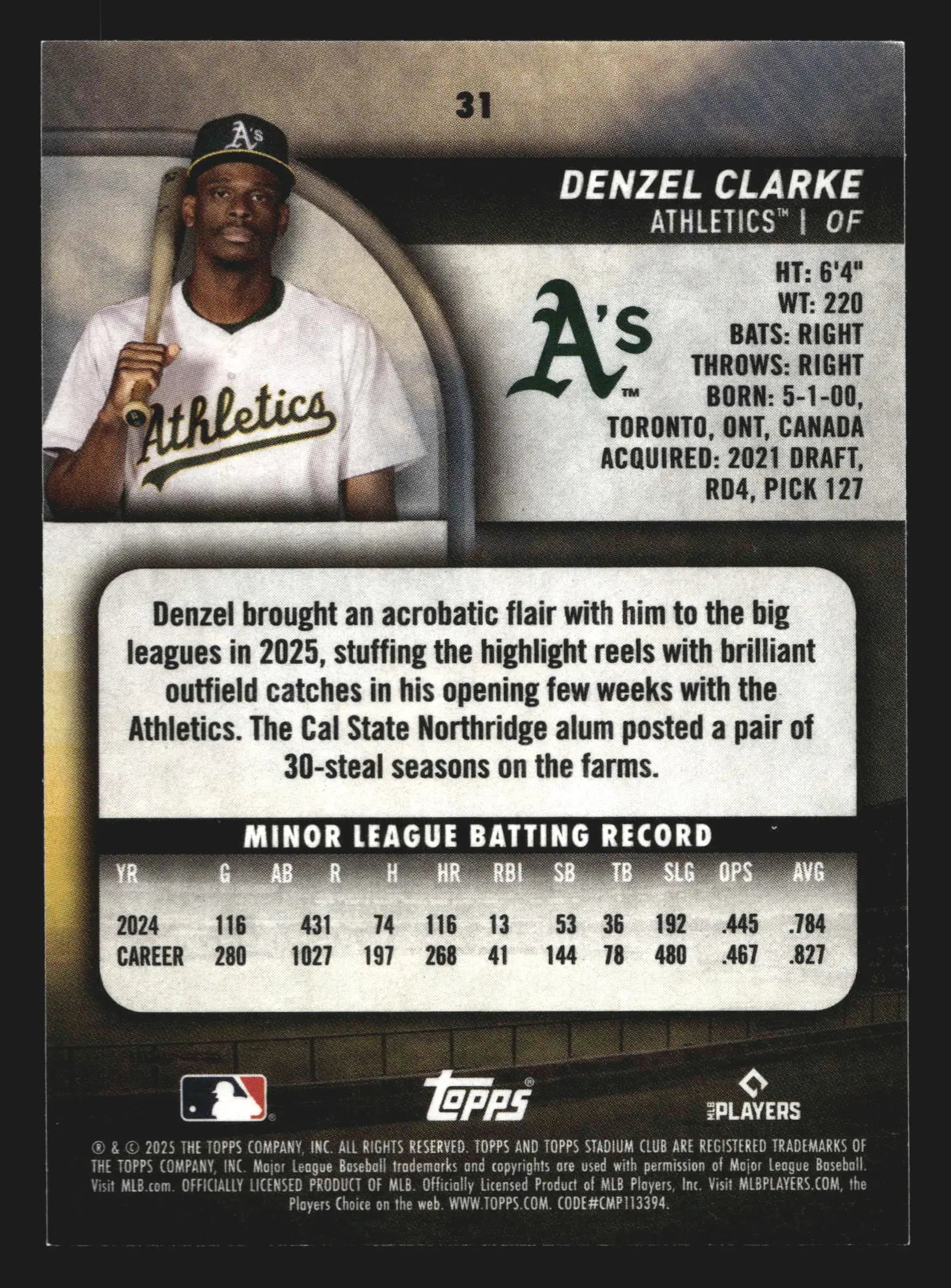 2025 Topps Stadium Club Denzel Clarke #31 RC Athletics - Baseball Card Single
