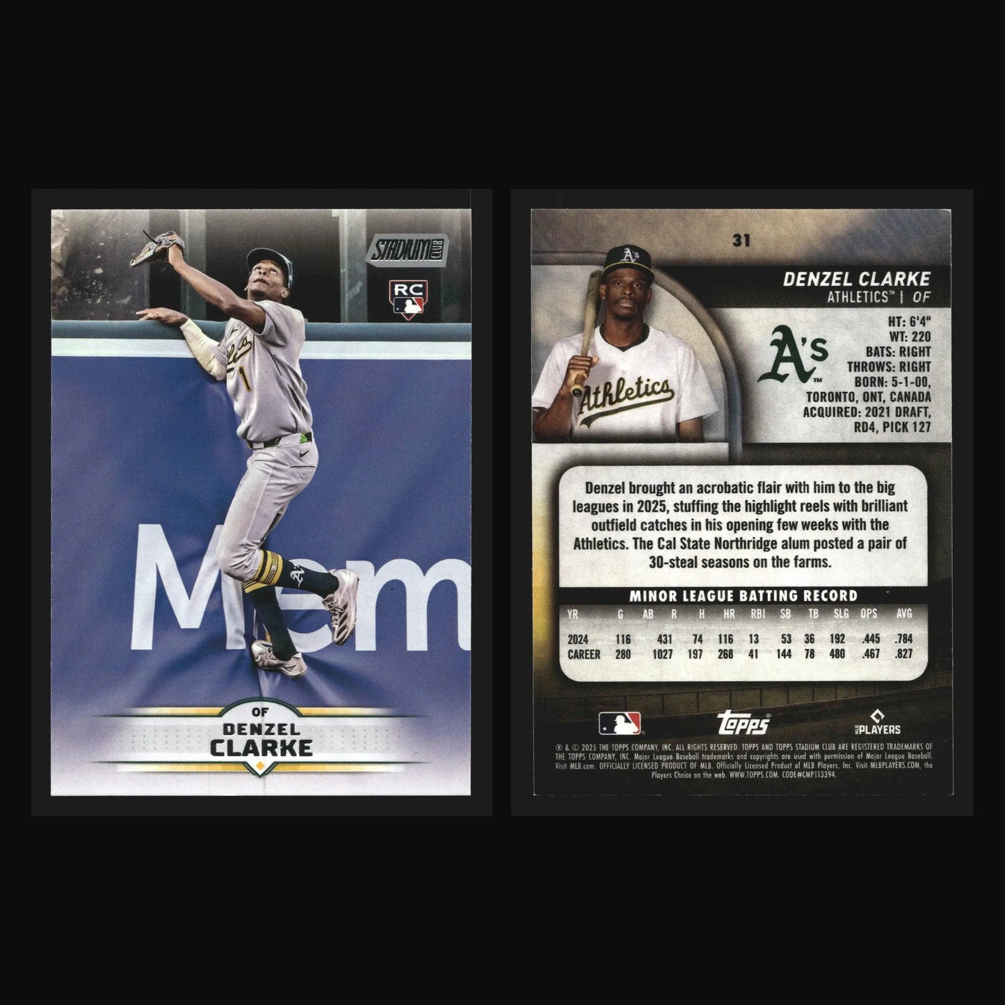2025 Topps Stadium Club Denzel Clarke #31 RC Athletics - Baseball Card Single